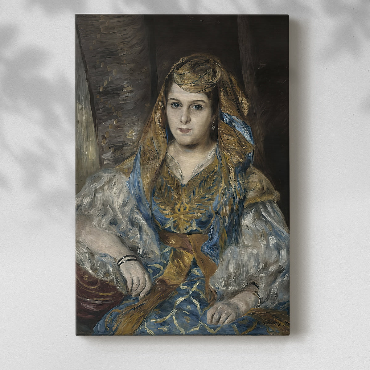 Canvas art print of a figure in ornate clothing with warm tones and decorative detail with a soft shadow on a white background.