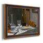 Impressionist still life with wine and bread by Claude Monet printed on canvas in an ornate bronzed mahogany wood frame.