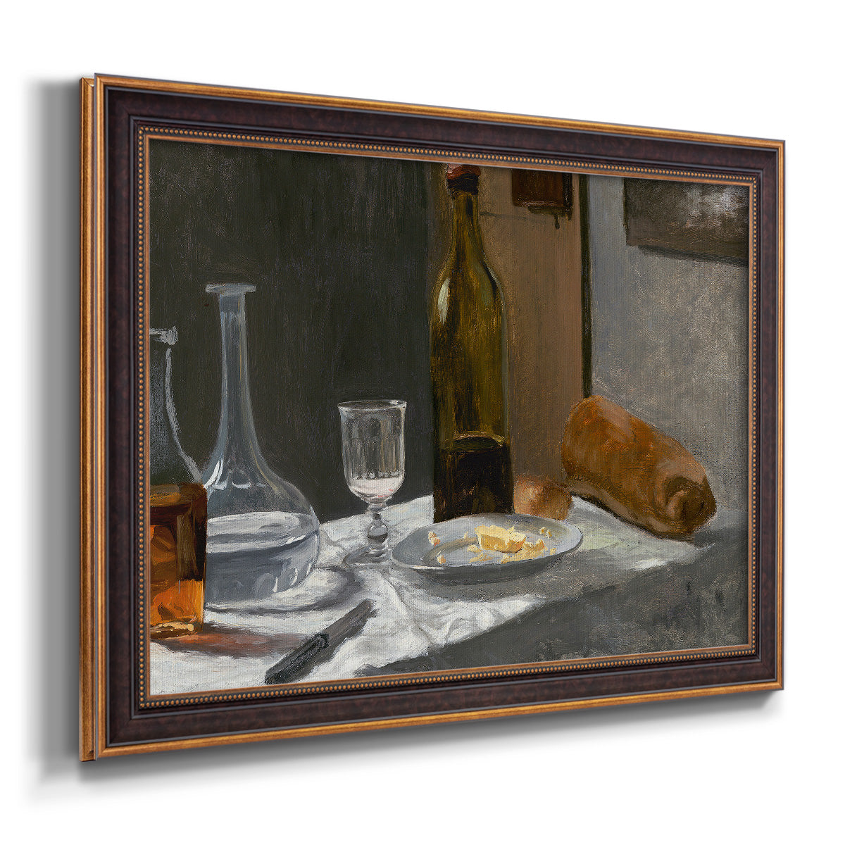 Impressionist still life with wine and bread by Claude Monet printed on canvas in an ornate bronzed mahogany wood frame.