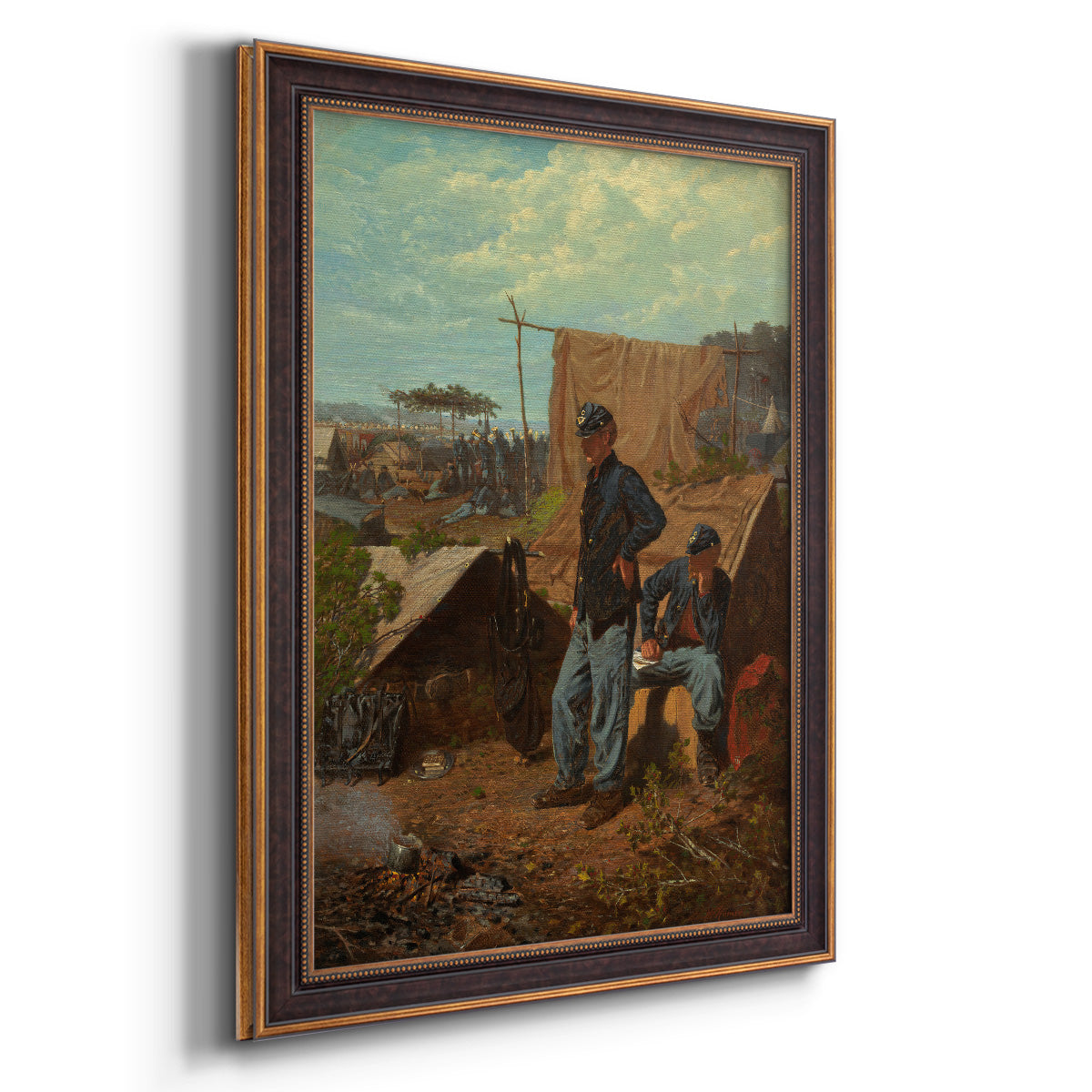 American genre scene of domestic life by Winslow Homer printed on canvas in an ornate bronzed mahogany wood frame with a vertical orientation.
