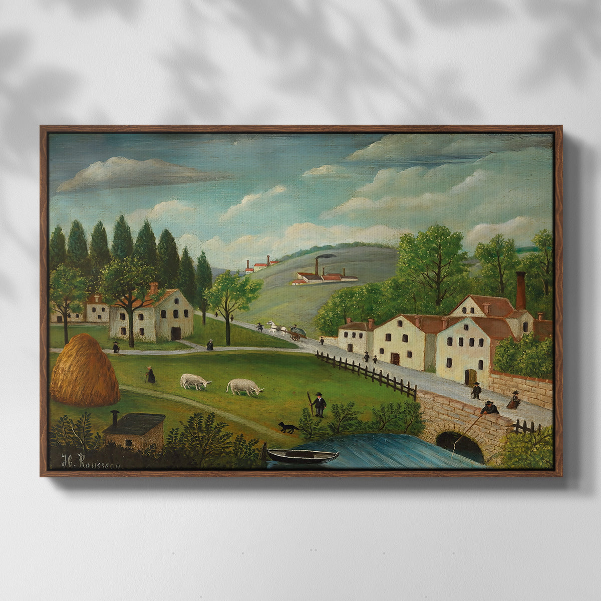 Pastoral Landscape with Stream, Fisherman and Strollers, 1875-1880 - Floater Framed Canvas Print