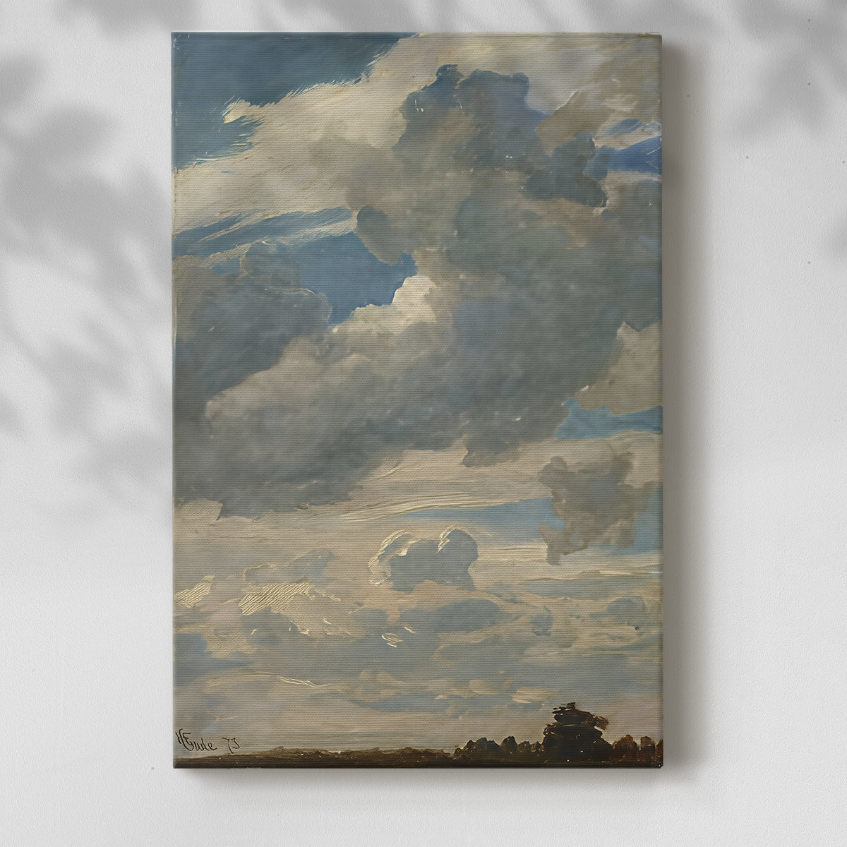 Canvas art print of a cloud-filled sky with subtle color transitions with a soft shadow on a white background.