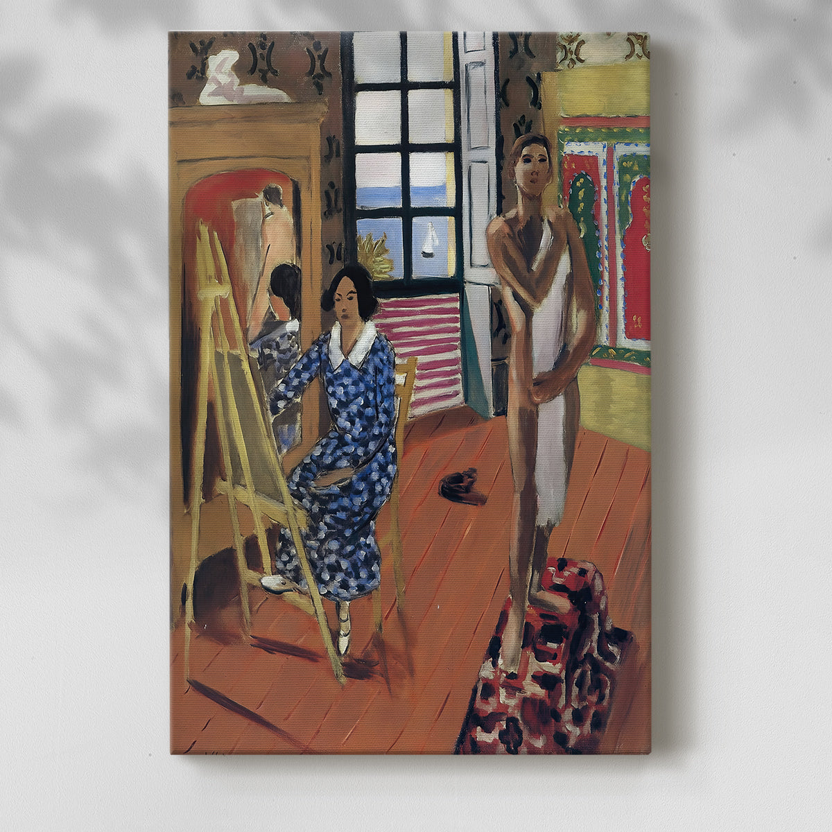 Canvas art print of a stylized composition with bold textiles and multiple figures with a soft shadow on a white background.