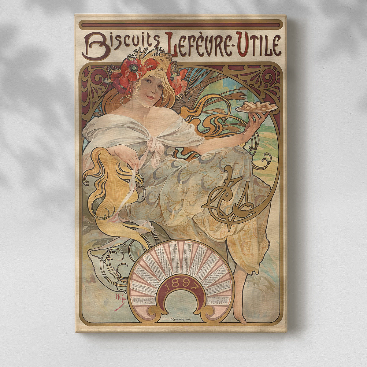 Canvas art print of a vintage advertisement featuring a stylized woman and branding with a soft shadow on a white background.