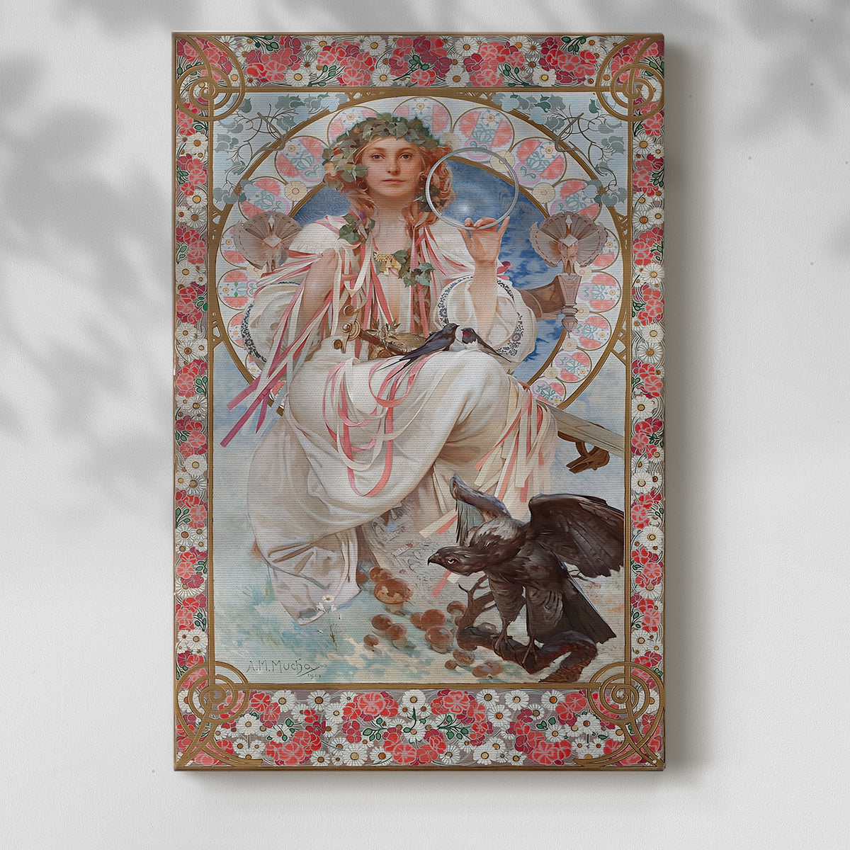 Canvas art print of a stylized female figure with intricate patterns and soft tones with a soft shadow on a white background.