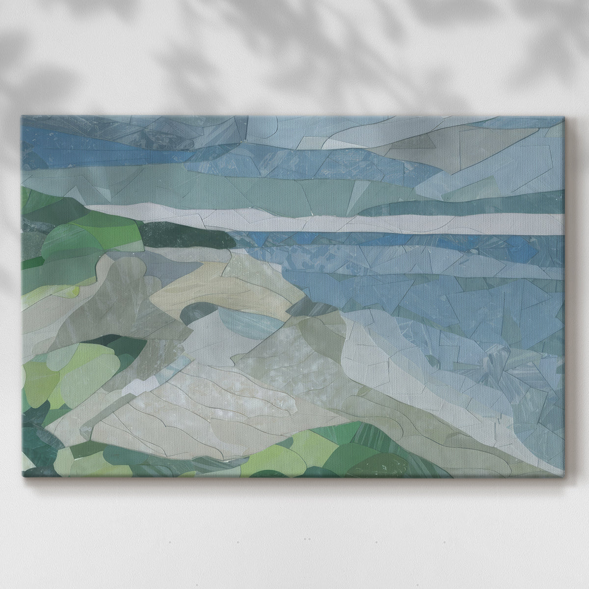 Colorful geometric landscape artwork depicting a coastal view with blue waters and green hills during daytime