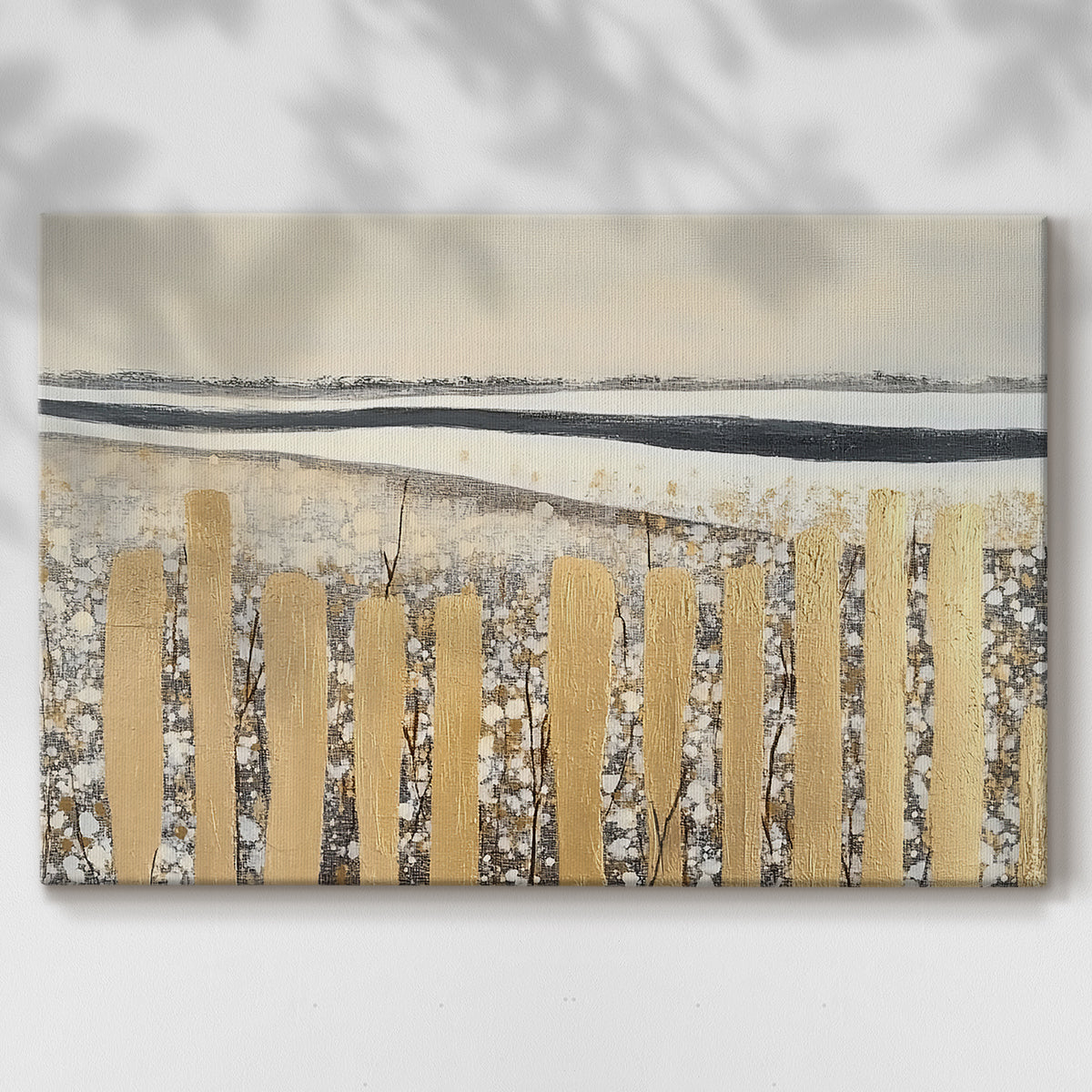 Golden fence lines contrast against a serene landscape with soft colors of winter and a tranquil horizon