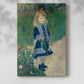 Canvas art print of a child standing outdoors with a watering can and soft natural tones with a soft shadow on a white background.
