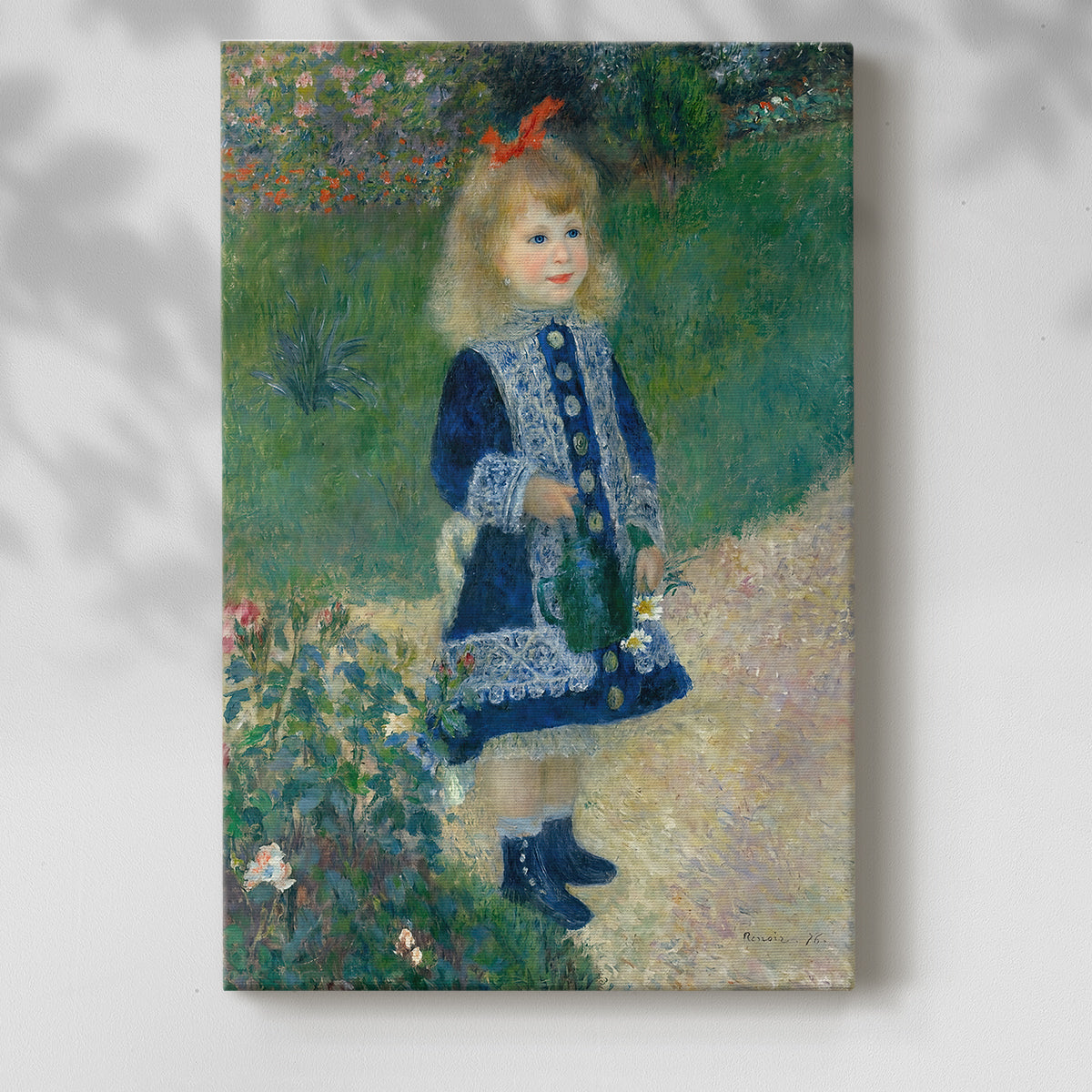 Canvas art print of a child standing outdoors with a watering can and soft natural tones with a soft shadow on a white background.