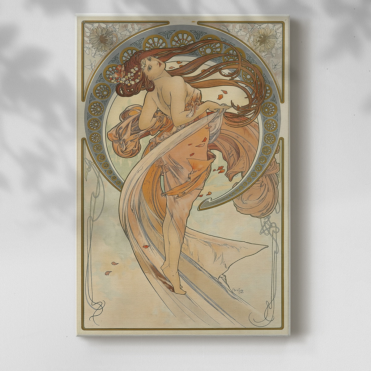 Canvas art print of a stylized figure with dynamic pose and decorative patterns with a soft shadow on a white background.