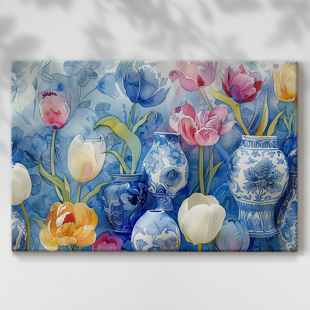 Colorful floral arrangement with blue and white vases on a bright background showcasing artistic design and craftsmanship