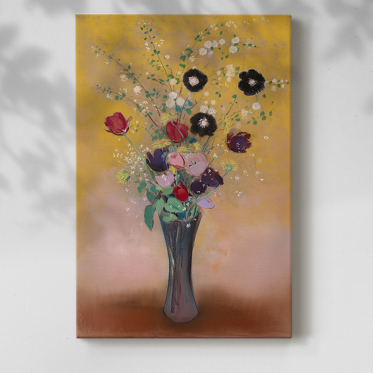 Canvas art print of a gentle floral arrangement with muted tones and smooth texture with a soft shadow on a white background.