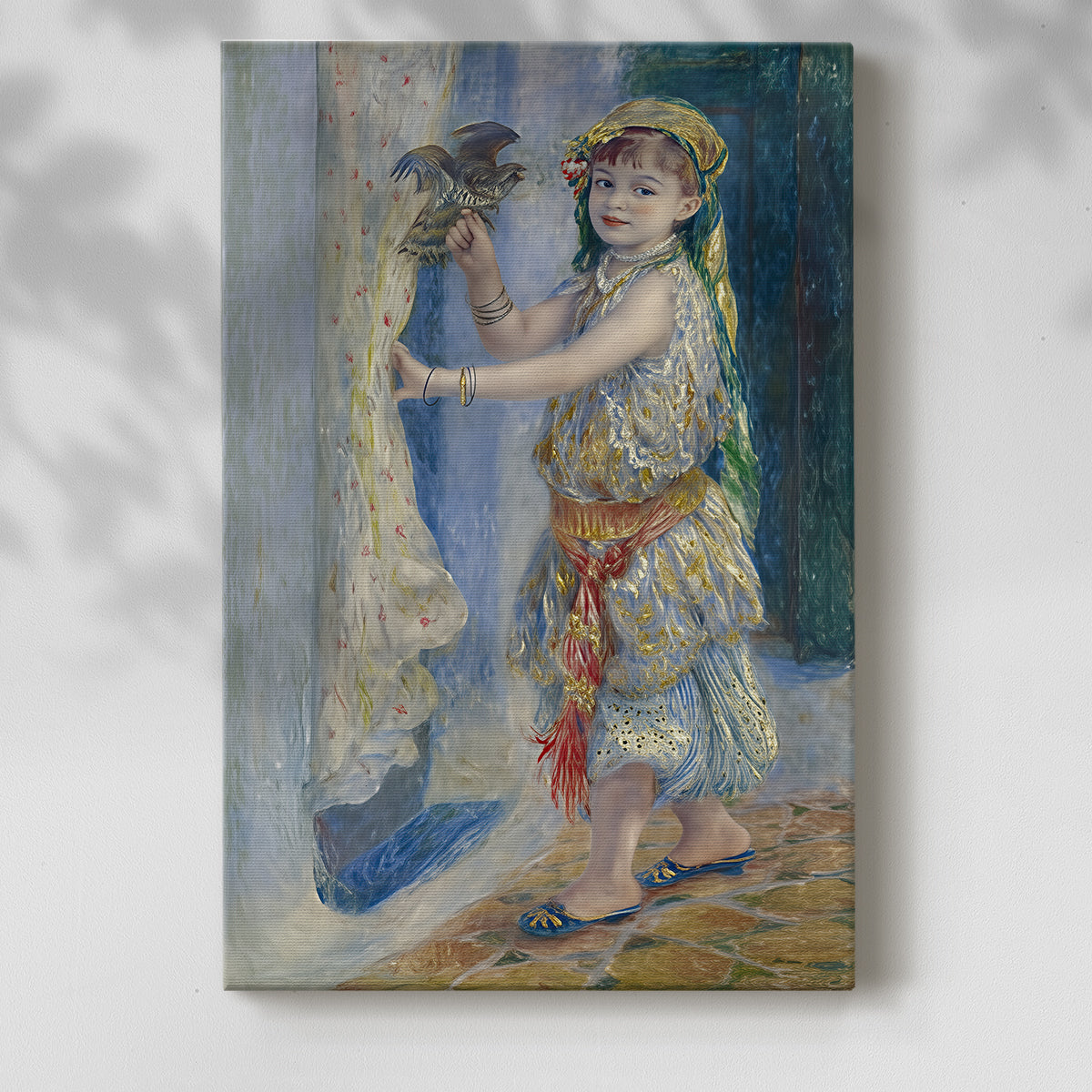 Canvas art print of a delicate figure with a bird in a calm, gentle setting with a soft shadow on a white background.