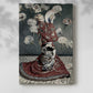 Canvas art print of a figure in ornate attire with decorative patterns and fans with a soft shadow on a white background.