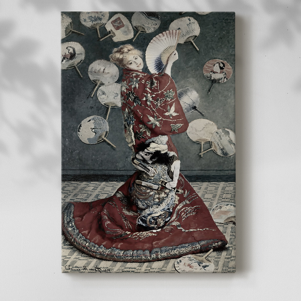 Canvas art print of a figure in ornate attire with decorative patterns and fans with a soft shadow on a white background.