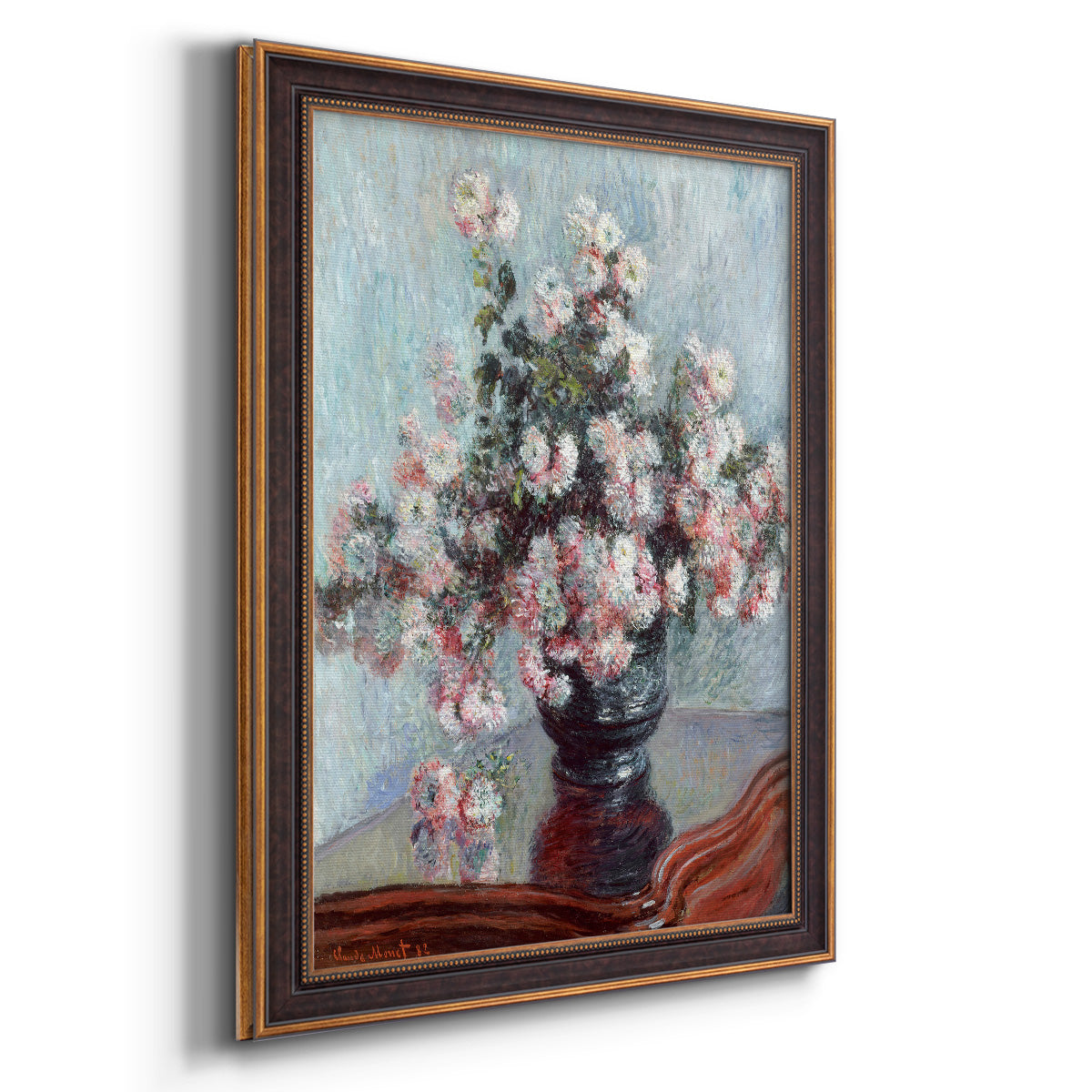 Impressionist chrysanthemum floral painting by Claude Monet printed on canvas in an ornate bronzed mahogany wood frame with a vertical orientation.
