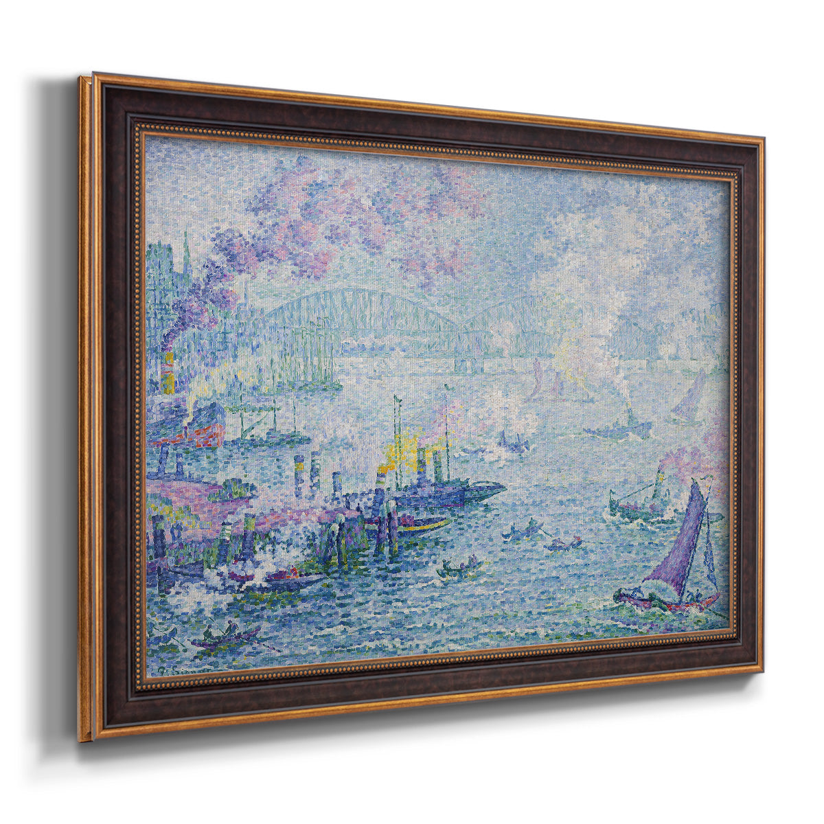 Impressionist industrial harbor scene by Paul Signac printed on canvas in an ornate bronzed mahogany wood frame.