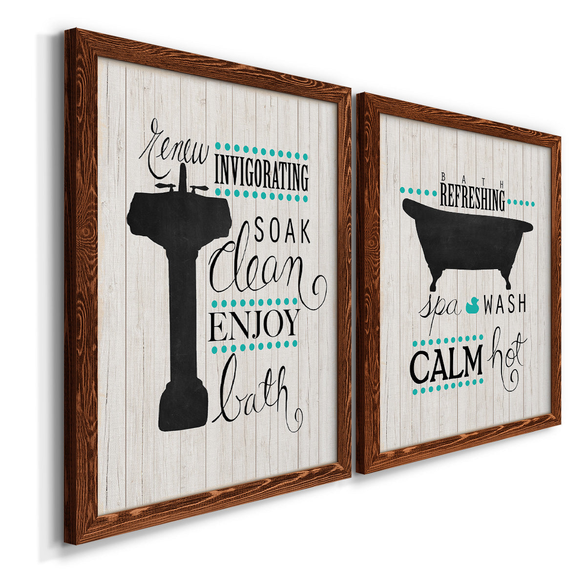 Angled view of a set of two maple barnwood framed canvas prints featuring two graphic bathroom word art featuring playful bathtub silhouettes and bath-themed typography.