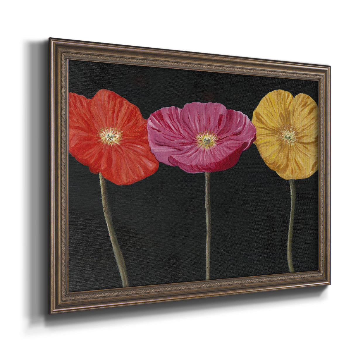 Contemporary poppy flower artwork printed on canvas in an ornate traditional bronze frame.