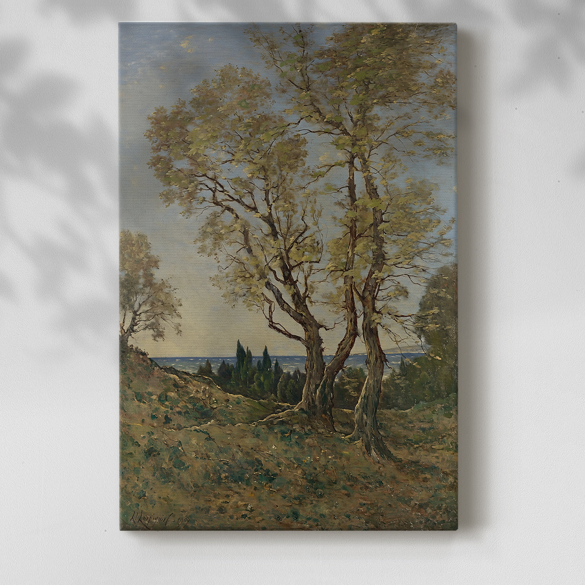Canvas art print of a calm countryside scene with trees and gentle light with a soft shadow on a white background.