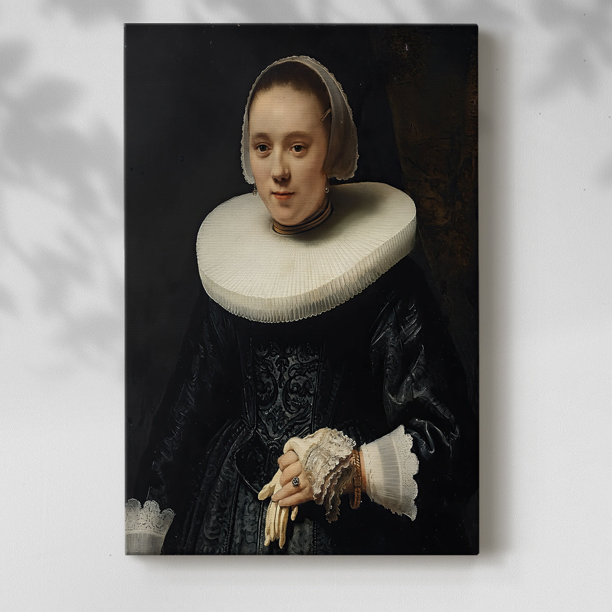 Canvas art print of a refined figure with elegant gesture and smooth tones with a soft shadow on a white background.