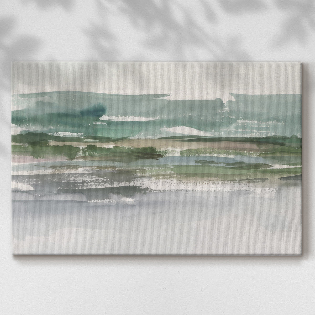 Abstract landscape depicting serene water and rolling hills under soft, muted tones capturing peaceful natural beauty