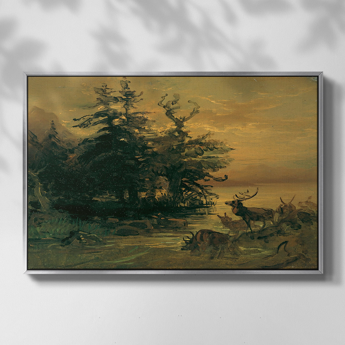 Wallowing Deer on the Shore of a Mountain Lake, c. 1850 - Floater Framed Canvas Print
