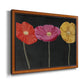 Contemporary poppy flower artwork printed on canvas in an ornate vintage burl wood frame.