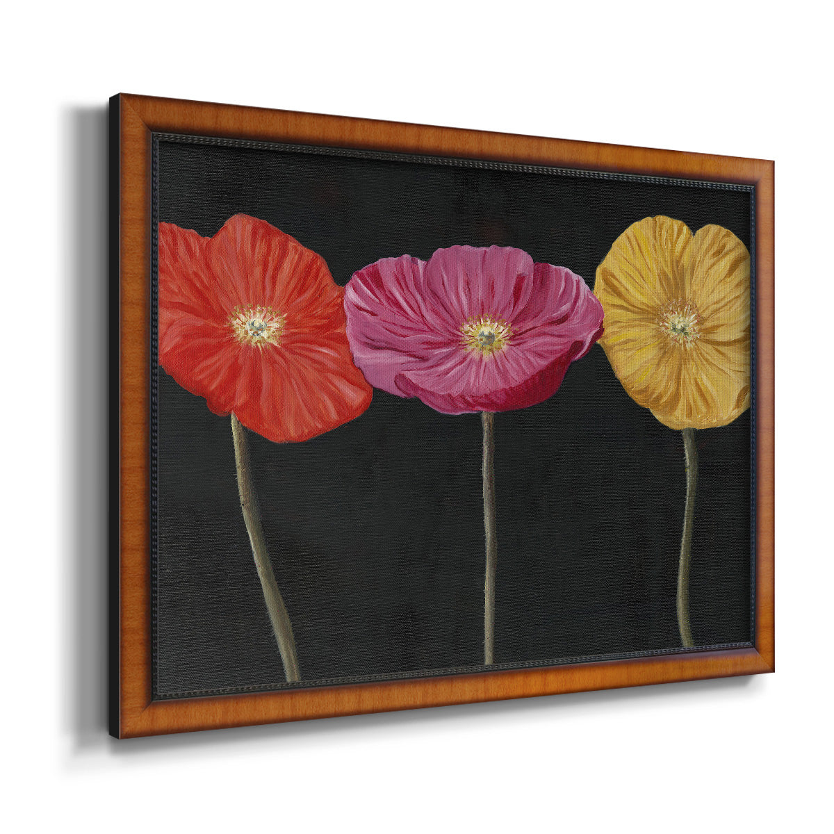 Contemporary poppy flower artwork printed on canvas in an ornate vintage burl wood frame.