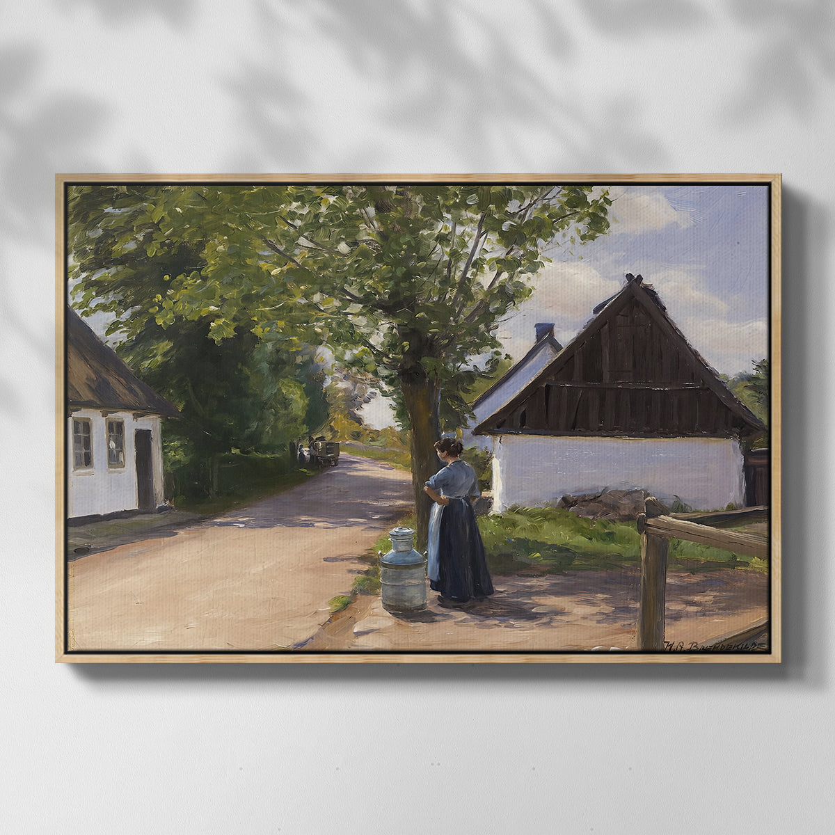 Danish Village Street with Woman and Milkman, 1880 - Floater Framed Canvas Print