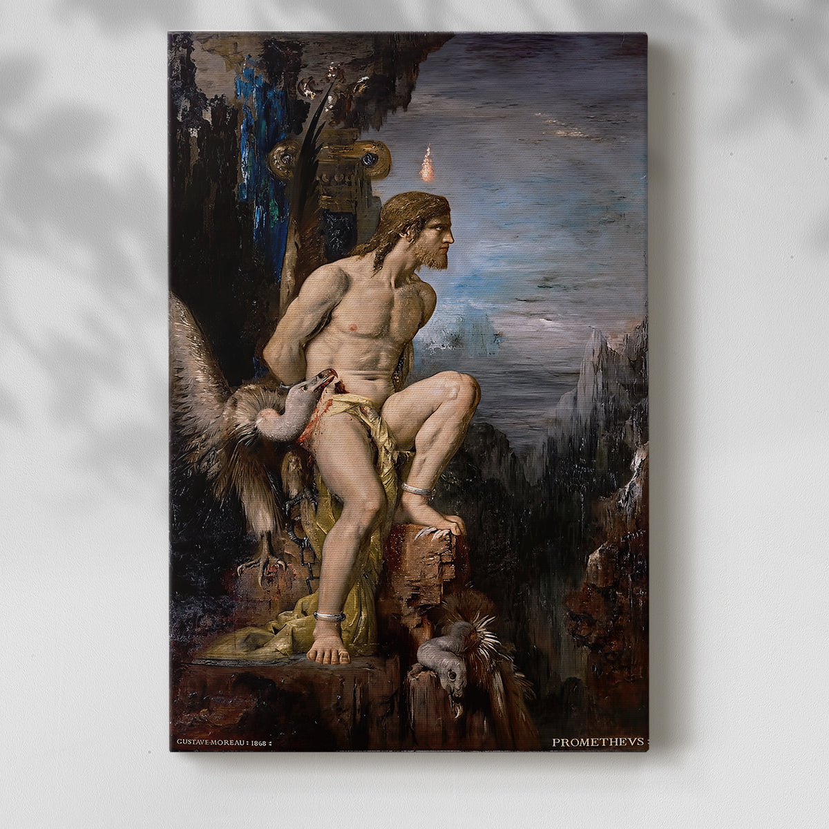 Canvas art print of a mythological composition with a figure and natural elements with a soft shadow on a white background.