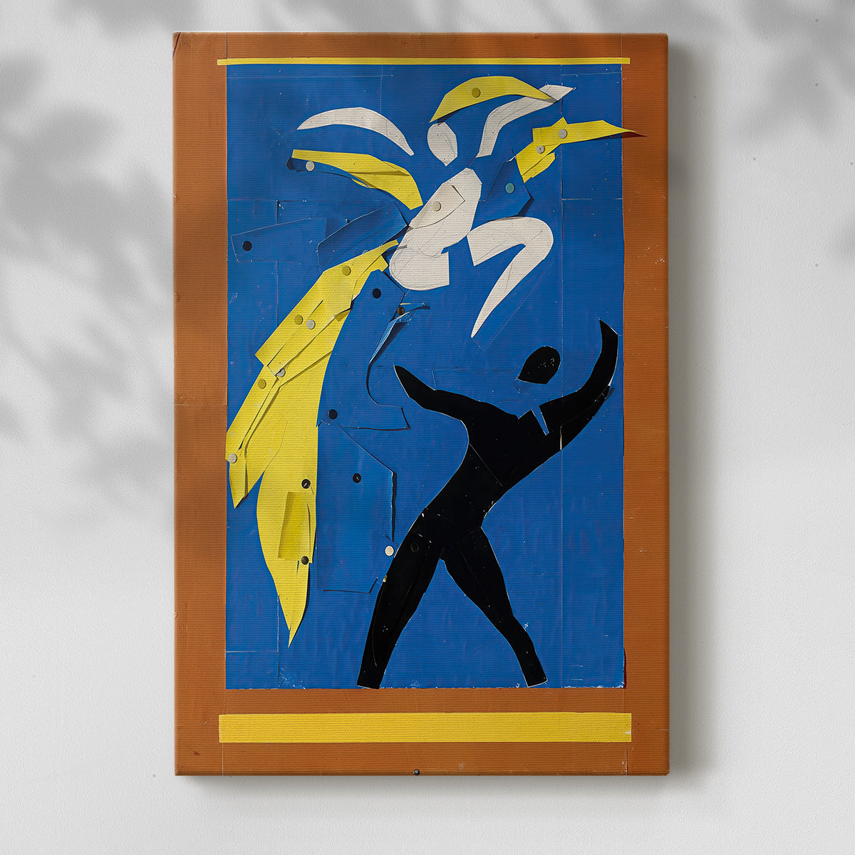 Canvas art print of a stylized scene with movement expressed through flat shapes with a soft shadow on a white background.