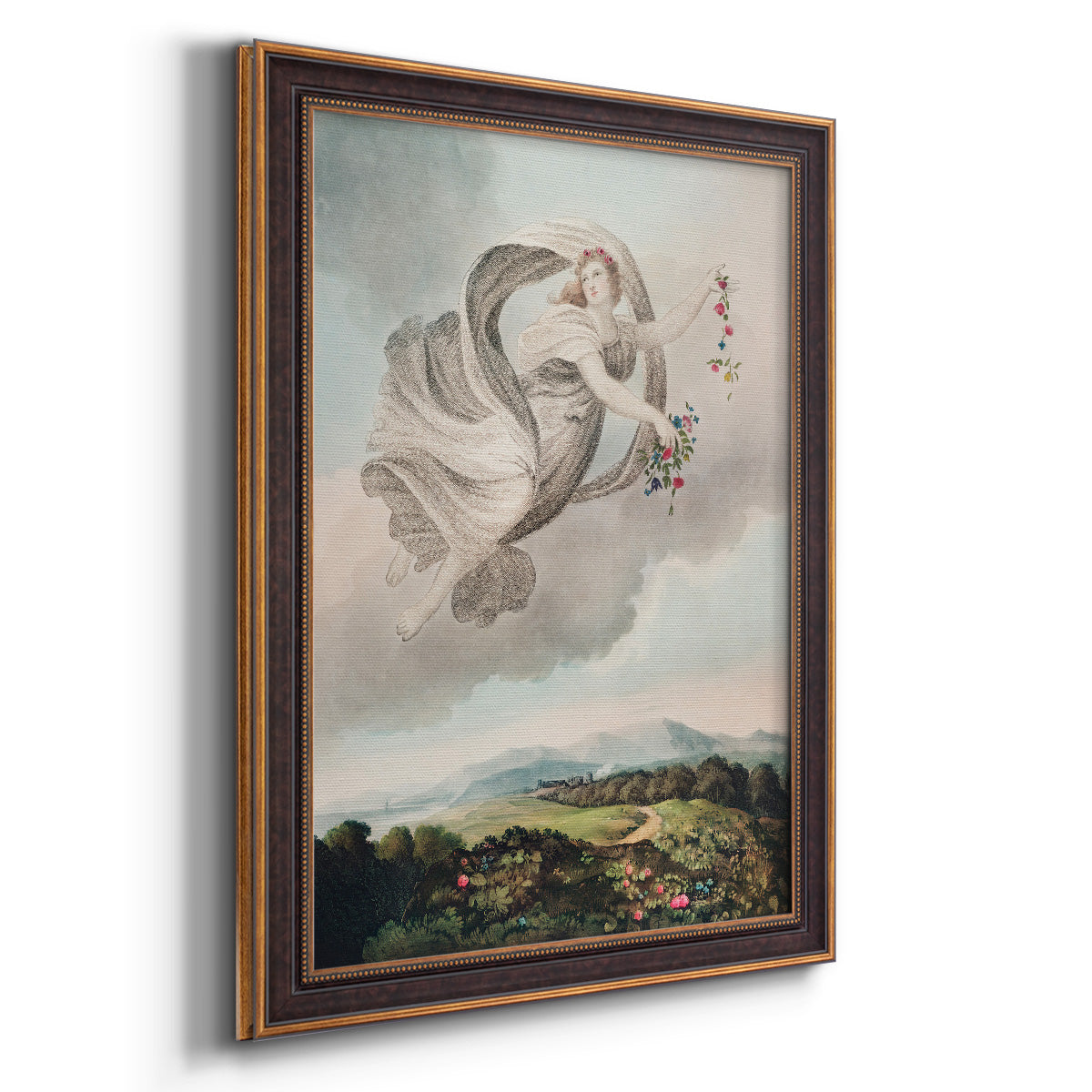 Classical allegorical depiction of the goddess Flora by Robert John Thornton printed on canvas in an ornate bronzed mahogany wood frame with a vertical orientation.