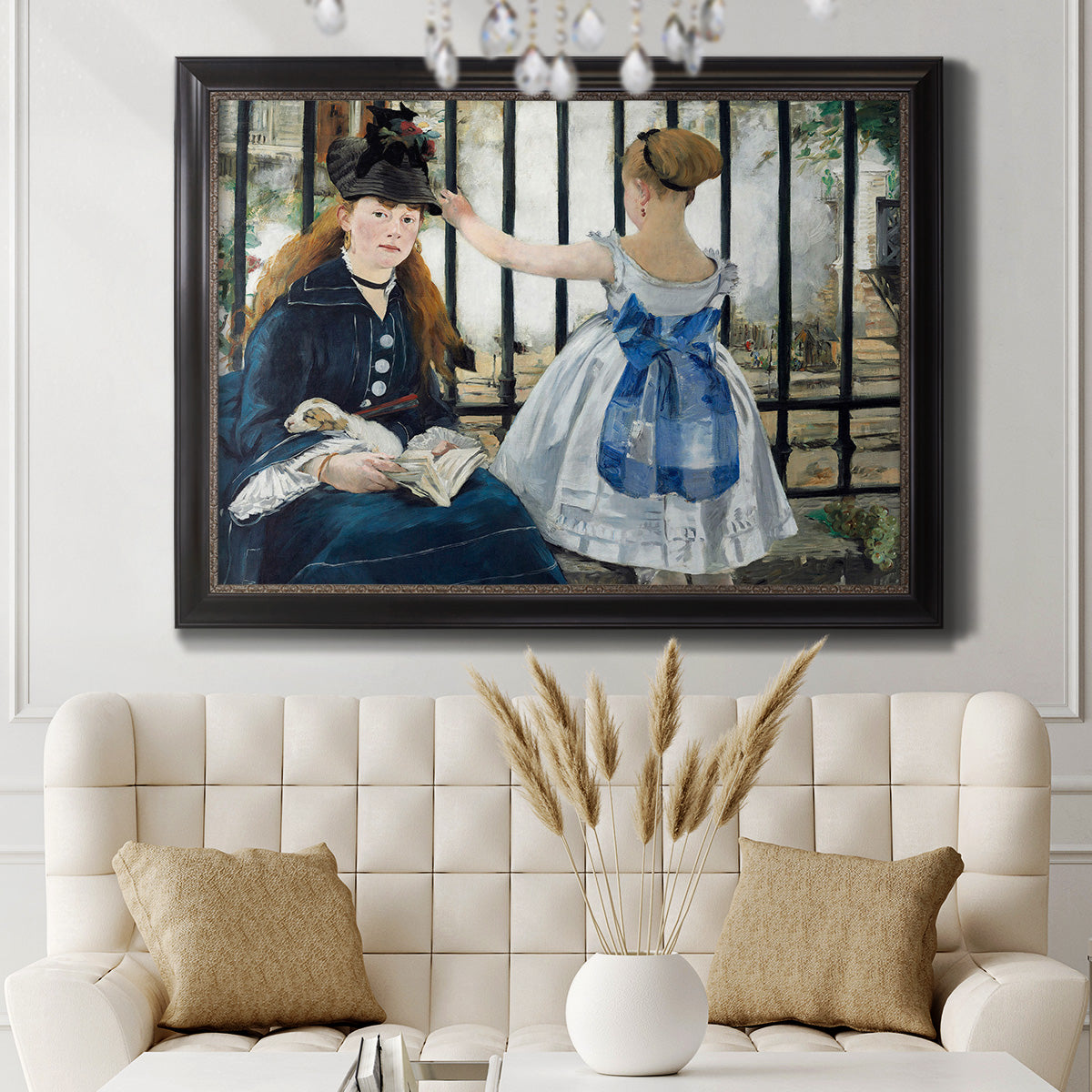 Impressionist urban scene near a railway by Édouard Manet in an ornate black frame with gilded inner detail displayed in a neutral-toned interior setting.