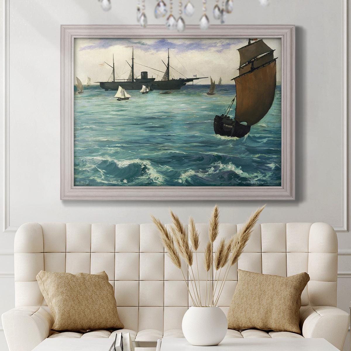 Impressionist naval seascape with the Kearsarge by Édouard Manet in an ornate weathered white frame displayed in a neutral-toned interior setting.