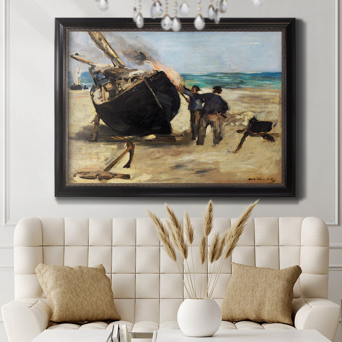 Impressionist nautical work scene by Édouard Manet in an ornate black frame with gilded inner detail displayed in a neutral-toned interior setting.