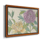 Contemporary peony flower illustration printed on canvas in an ornate vintage burl wood frame.