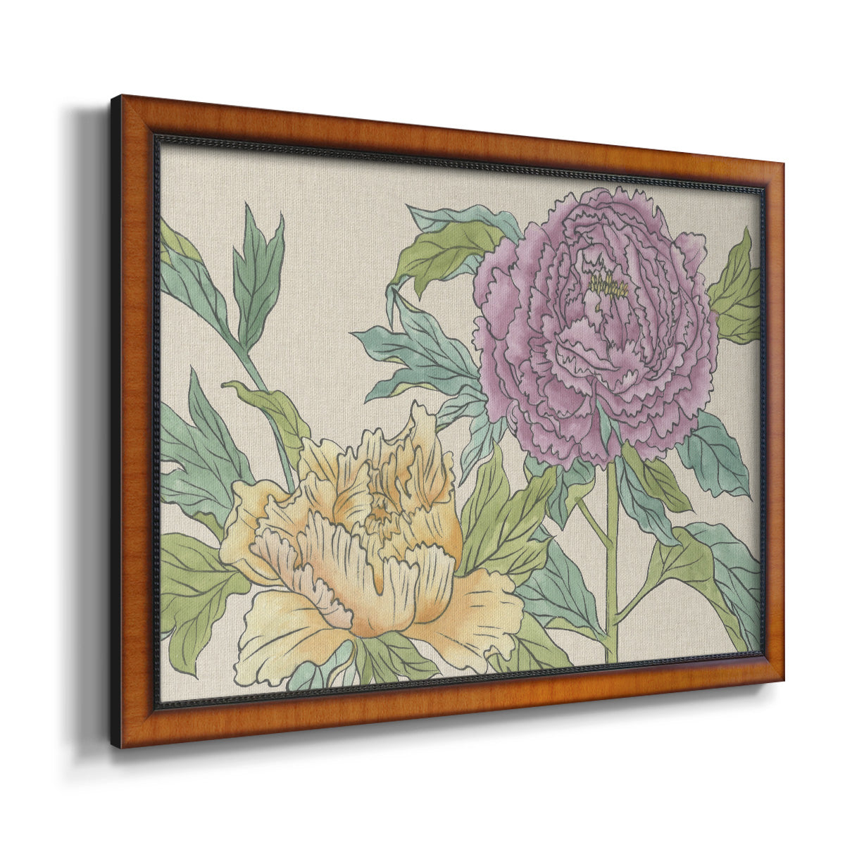 Contemporary peony flower illustration printed on canvas in an ornate vintage burl wood frame.