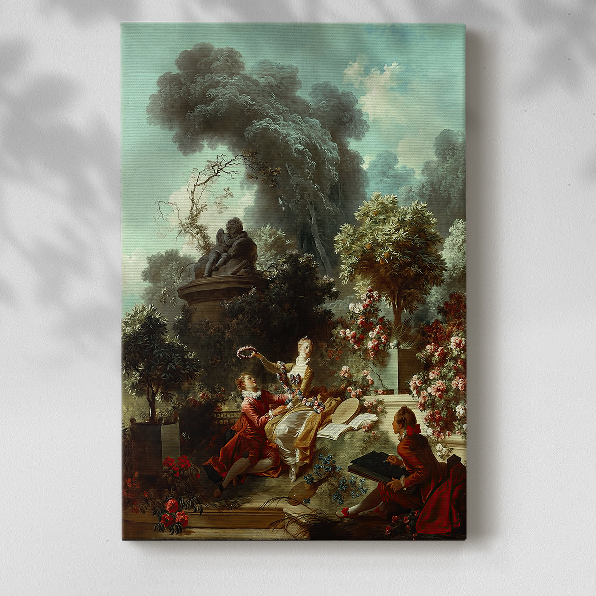 Canvas art print of a Romantic composition with figures and soft greenery with a soft shadow on a white background.