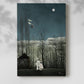Canvas art print of a mysterious nighttime setting with costumed figures and soft light with a soft shadow on a white background.