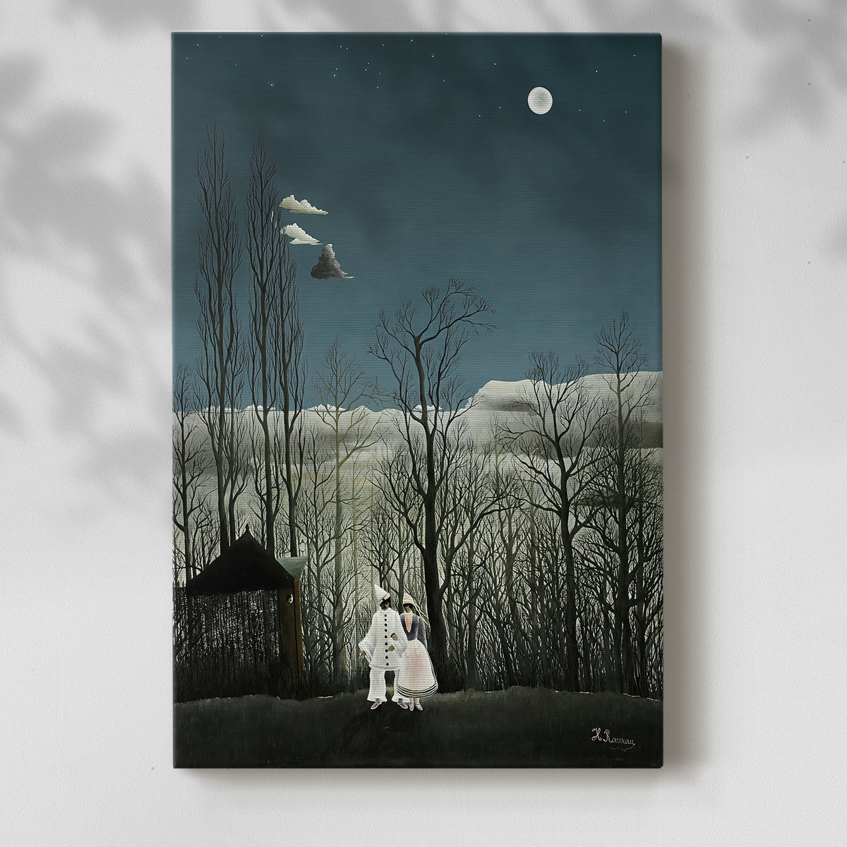 Canvas art print of a mysterious nighttime setting with costumed figures and soft light with a soft shadow on a white background.