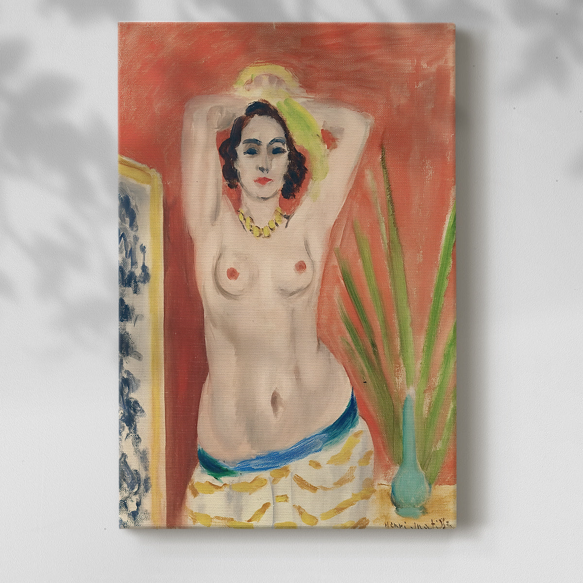 Canvas art print of a stylized figure study with vibrant tones and strong outlines with a soft shadow on a white background.