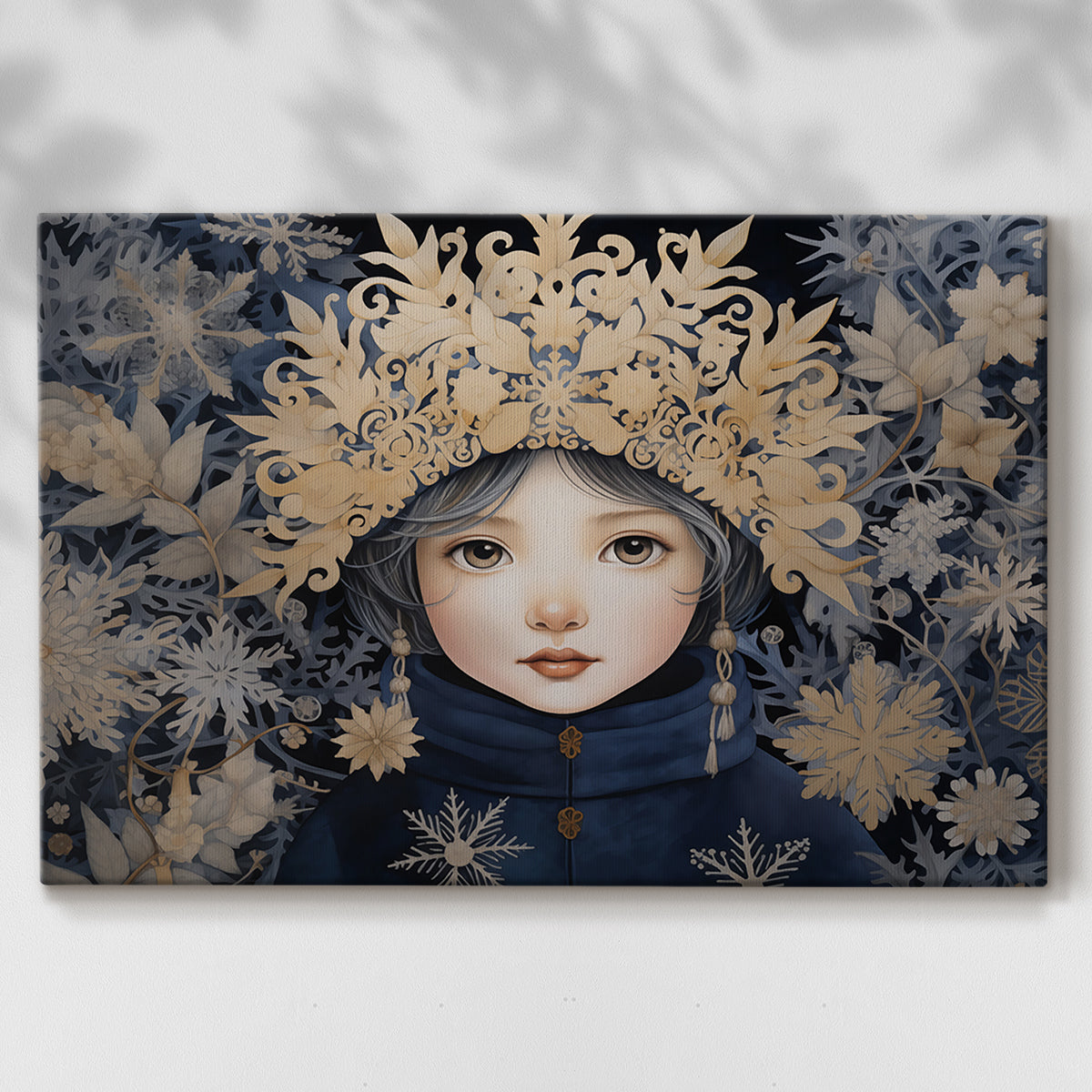 winter,portrait,girl,snowflakes,floral,crown,golden leaves,delicate features,dark coat,whimsical,nature,cold,intricate,beauty,frost,magic,fantasy,serene,enchanting,pale skin,blue tones,symmetrical,face,soft colors,elegance,winter wonderland,ethereal,fairy tale,creativity,visual art,delicate nature,imaginative,unique design,handcrafted,captivating,seasonal,unique,charming