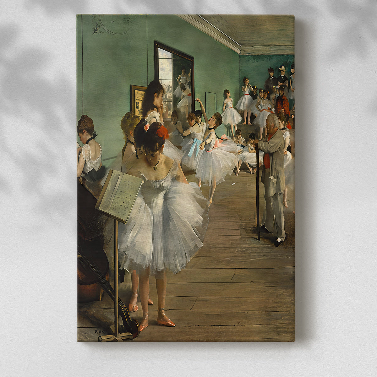 Canvas art print of a group of dancers rehearsing with soft natural light with a soft shadow on a white background.