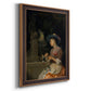 Classical interior scene of a woman weaving flowers by Godfried Schalcken printed on canvas in an ornate bronzed mahogany wood frame with a vertical orientation.