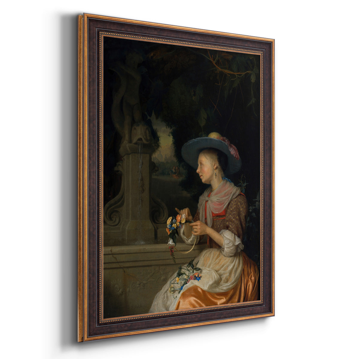 Classical interior scene of a woman weaving flowers by Godfried Schalcken printed on canvas in an ornate bronzed mahogany wood frame with a vertical orientation.