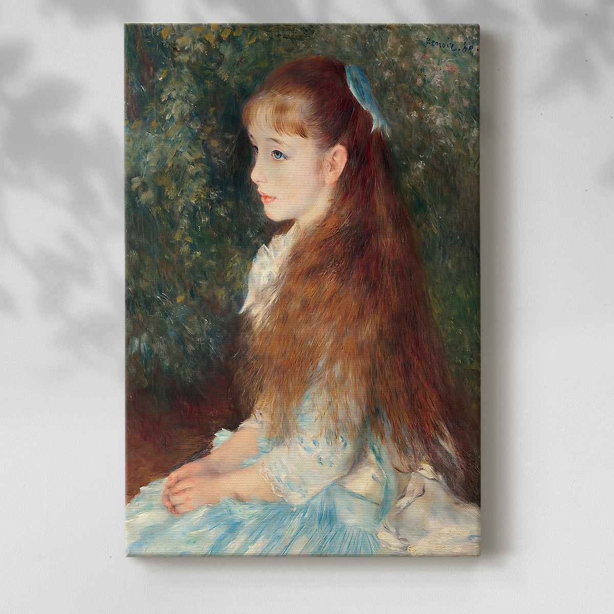 Canvas art print of a delicate child portrait with subtle color and smooth brushwork with a soft shadow on a white background.
