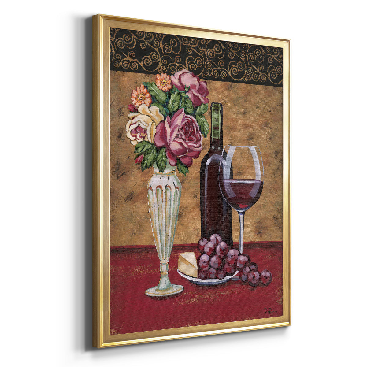 Vintage Flowers and Wine I - Modern Framed Canvas Print
