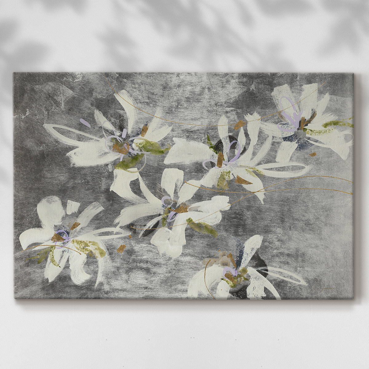 floral,painting,abstract,flowers,Gray background,white blossoms,purple accents,green highlights,texture,art,decoration,design,contemporary,modern,still life,nature,canvas,composition,elegance,beauty,vibrant,detail,creativity,brush strokes,indoor decor,aesthetics,hand-painted,impressionism,visual art,relaxing,harmony,nature-inspired,organic forms,soft colors,interior design,uplifting,decoration idea,art piece,expression