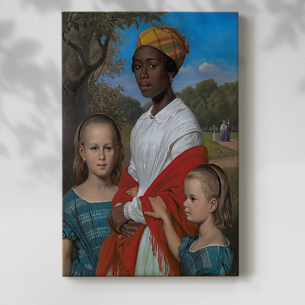 Canvas art print of a narrative scene with figures in an outdoor environment with a soft shadow on a white background.